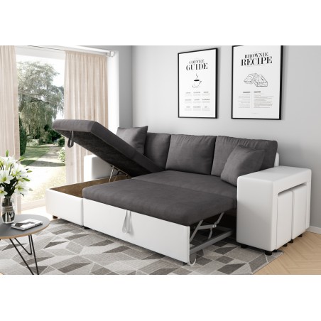 Десен ъглов разтегателен диван Maria Plus с фиксирана ниша отдясно и 2 табуретки