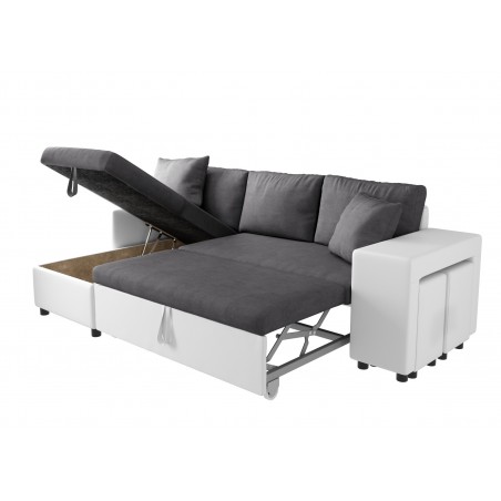 Десен ъглов разтегателен диван Maria Plus с фиксирана ниша отдясно и 2 табуретки