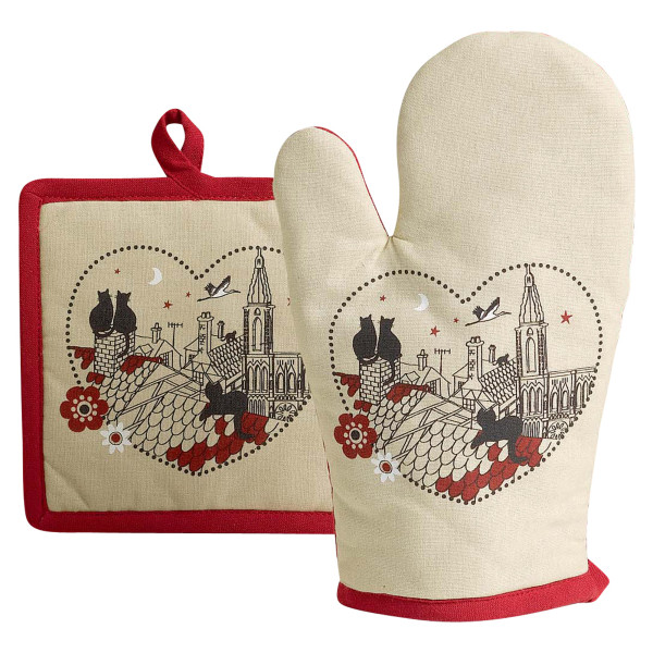 Комплект ръкавици за фурна с котешко сърце и гърне