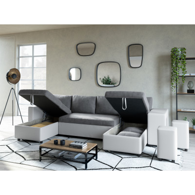Maria U Plus panoramisk konvertibel sofa, højre niche, i imiteret læder og mikrofiber
