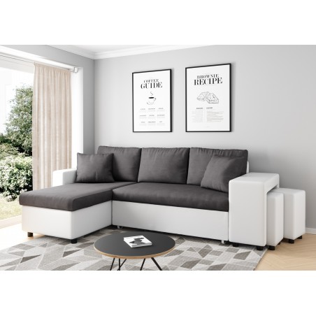 Γωνιακός καναπές δεξιάς γωνίας μετατρέψιμος Maria Plus με σταθερή εσοχή δεξιά και 2 πουφ