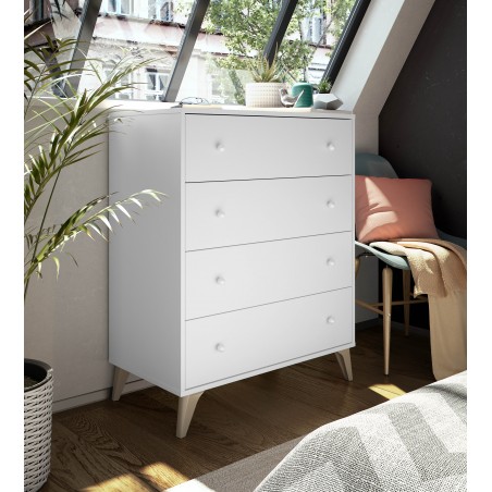 FOCOM7804 Σκανδιναβική συρταριέρα με 4 λευκά συρτάρια και ξύλινα πόδια