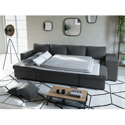 Maria U Plus panorámás átalakítható kanapé, fülke a jobb oldalon, 2 dobozzal és 2 szövetpuffal