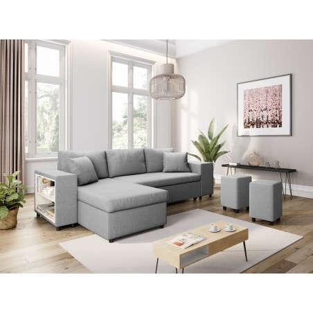 Maria Pac convertible right corner sofa with fixed niche on the right and shelf on the left and 2 poufs