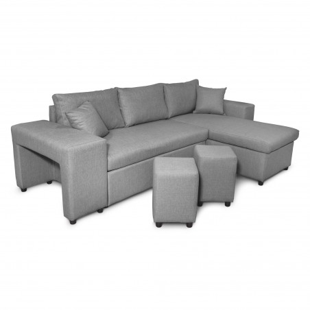 Maria Pac convertible left corner sofa with fixed niche on the left and shelf on the right and 2 poufs