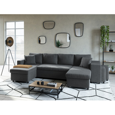 Maria U Plus panoramic convertible sofa, niche on the right, with 2 boxes and 2 fabric poufs