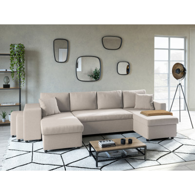Maria U Plus panoramic convertible sofa, niche on the left, with 2 boxes and 2 fabric poufs