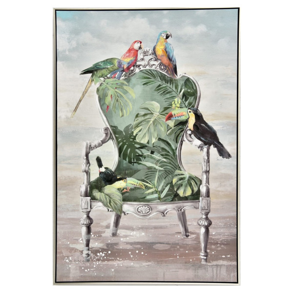 Parrots on armchair painting