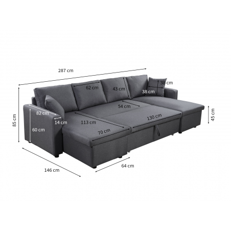Maria U formos panoraminė sofa-lova su 2 daiktadėžėmis