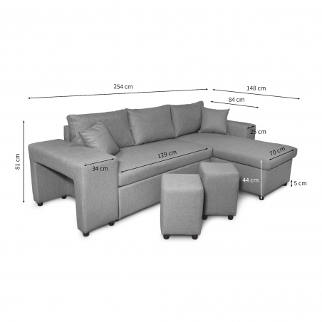 Maria Pac kabriolets kreisā stūra dīvāns ar fiksētu nišu kreisajā pusē un plauktu labajā pusē un 2 pufi