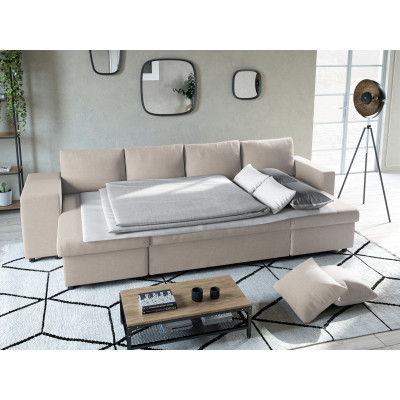 Maria U Plus panorāmas konvertējams dīvāns, niša kreisajā pusē, ar 2 kastēm un 2 auduma pufiem