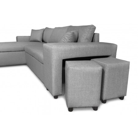Maria Pac rozkładana sofa narożna z nieruchomą niszą po prawej stronie i półką po lewej i 2 pufami