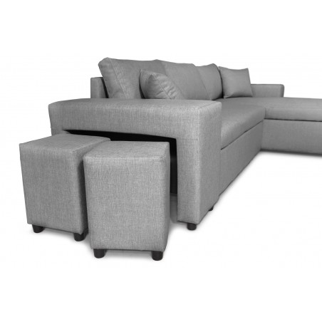 Maria Pac rozkładana lewa narożna sofa ze stałą niszą po lewej i półką po prawej i 2 pufami